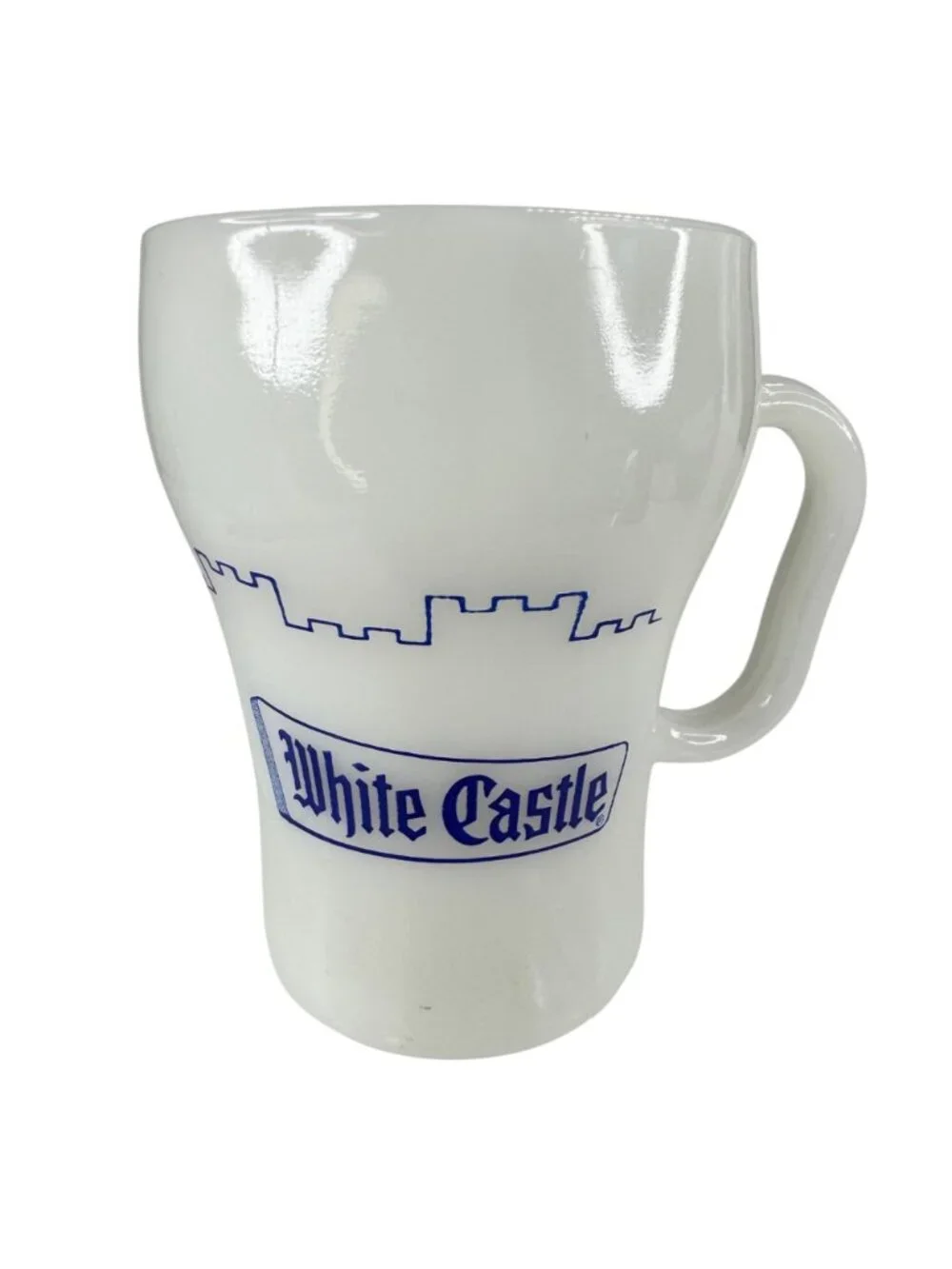 2 Fire-King Anchor Hocking White Castle Milk Glass Coffee Mug Blue Graphics Vtg - Picture 2 of 12